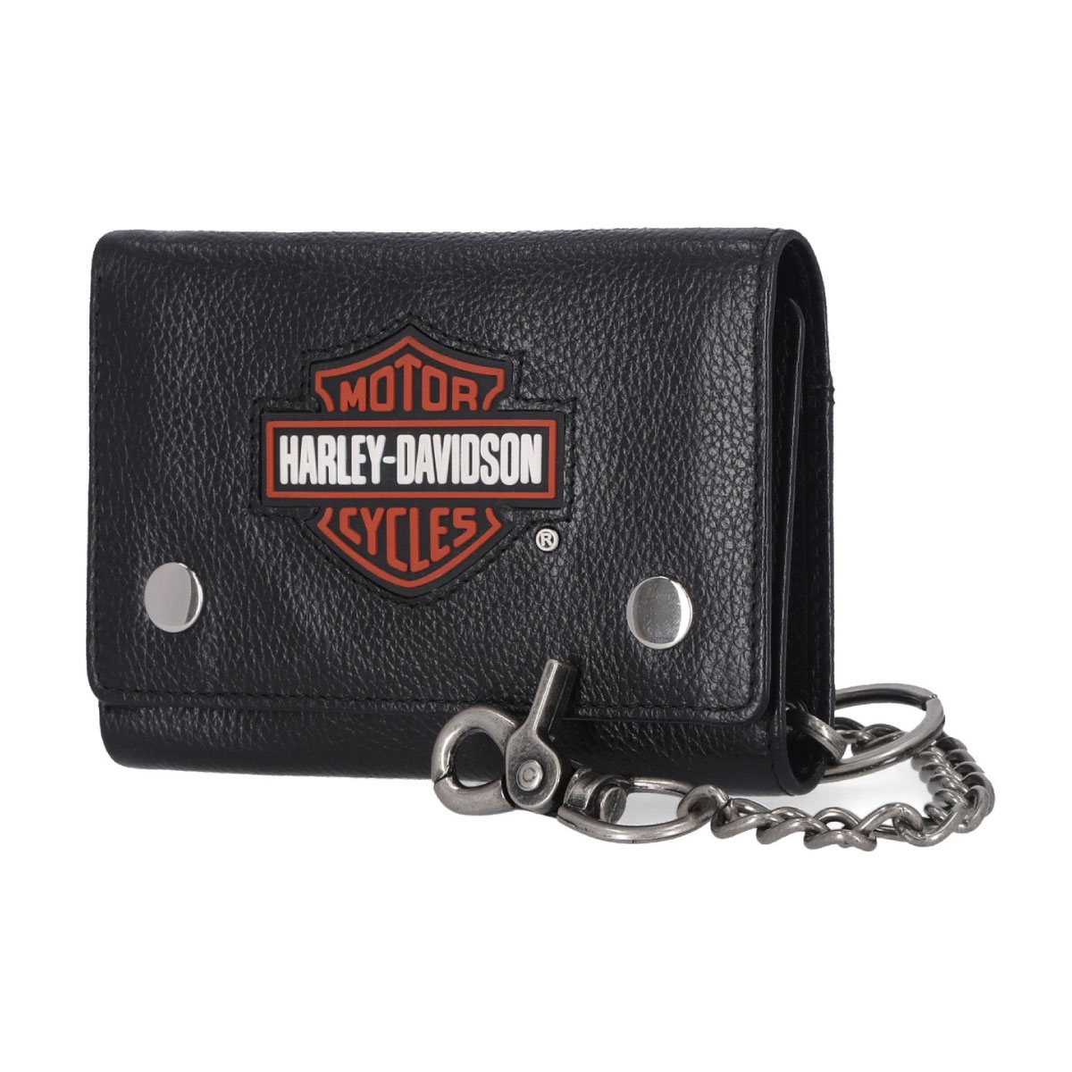 Portafoglio da uomo Harley-Davidson® in pelle con catena e toppa Bar & Shield, triplo pieghevole - Nero MWM102