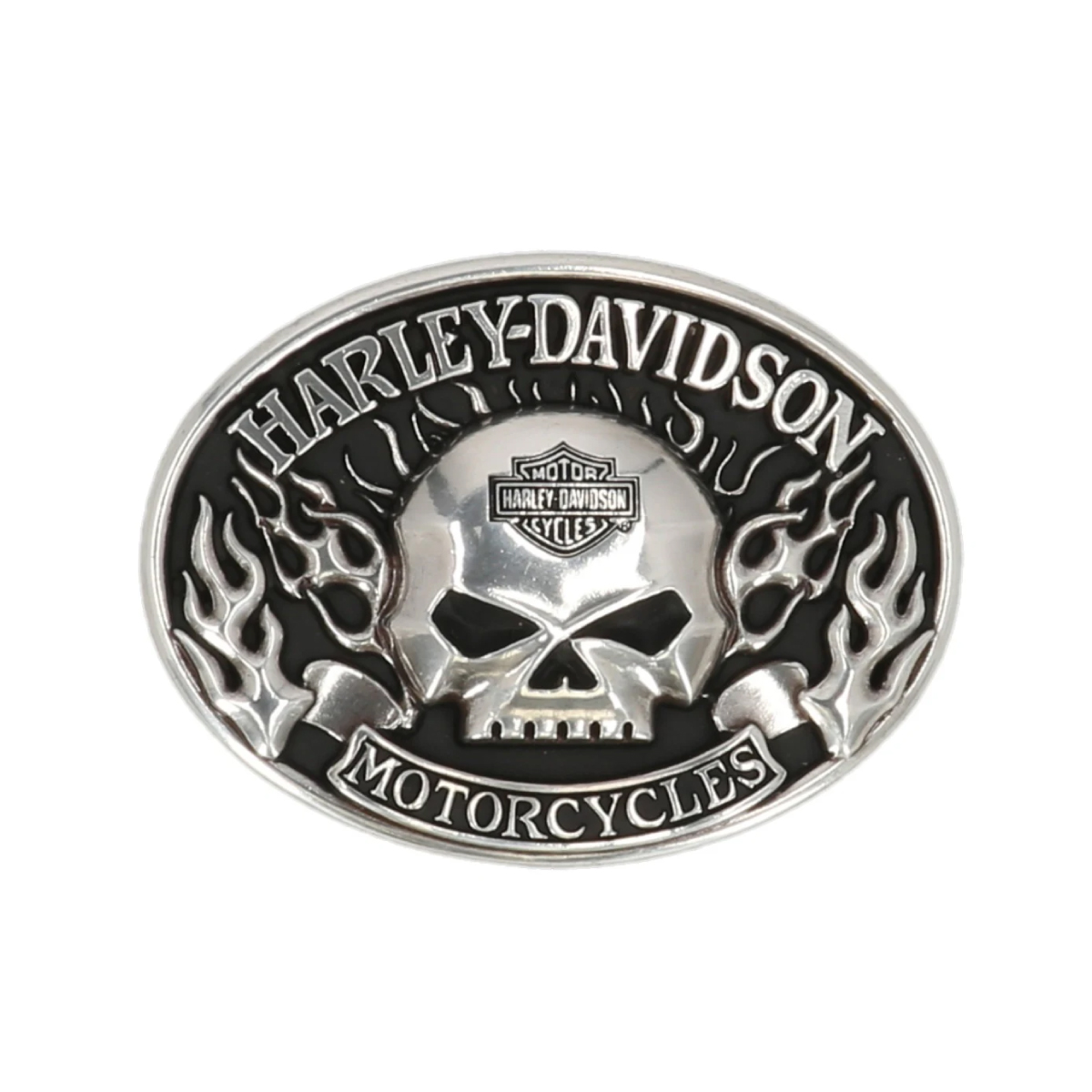 Fibbia per cintura Harley-Davidson Immunity Flame Willie G Skull da uomo, argento/nero MAU001
